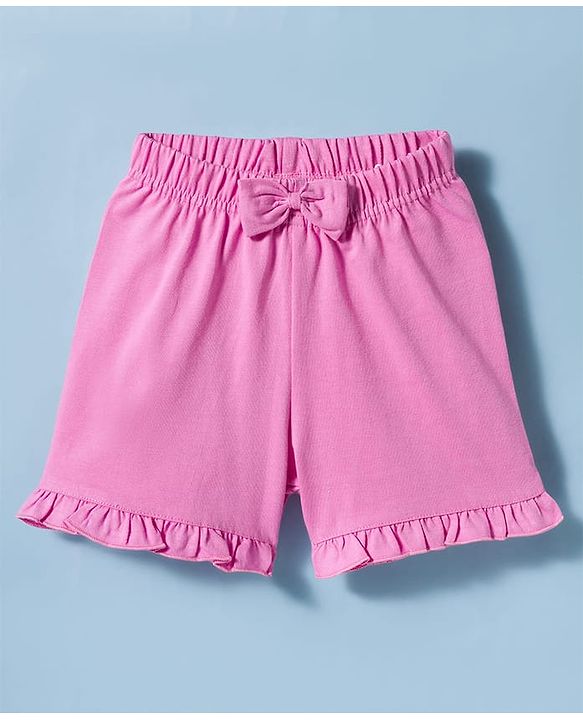 Babyhug Cotton Knit Half Sleeves T-Shirt & Shorts Night Suit with Bear Print & Bow Applique - Pink & White
