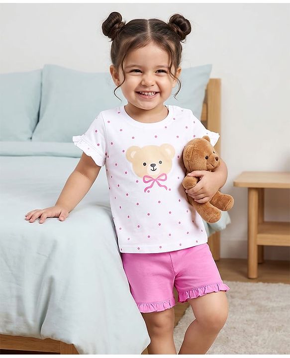 Babyhug Cotton Knit Half Sleeves T-Shirt & Shorts Night Suit with Bear Print & Bow Applique - Pink & White