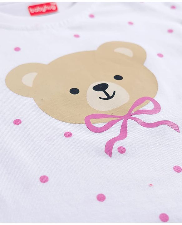 Babyhug Cotton Knit Half Sleeves T-Shirt & Shorts Night Suit with Bear Print & Bow Applique - Pink & White