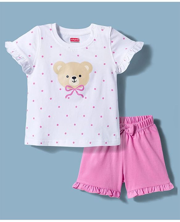 Babyhug Cotton Knit Half Sleeves T-Shirt & Shorts Night Suit with Bear Print & Bow Applique - Pink & White