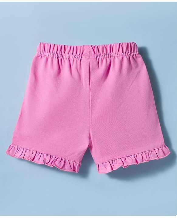 Babyhug Cotton Knit Half Sleeves T-Shirt & Shorts Night Suit with Bear Print & Bow Applique - Pink & White