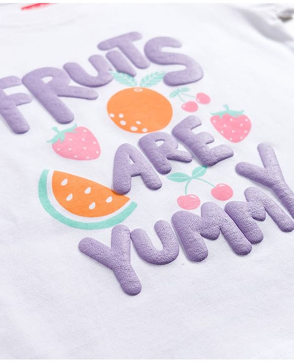 Babyhug Cotton Knit Half Sleeves T-Shirt & Shorts Night Suit With Fruits & Polka Dot Print - White