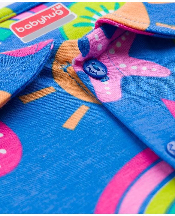 Babyhug Cotton Knit Half Sleeves Co-ords T-Shirt & Shorts Night Suit with Tropical Theme Print - Blue