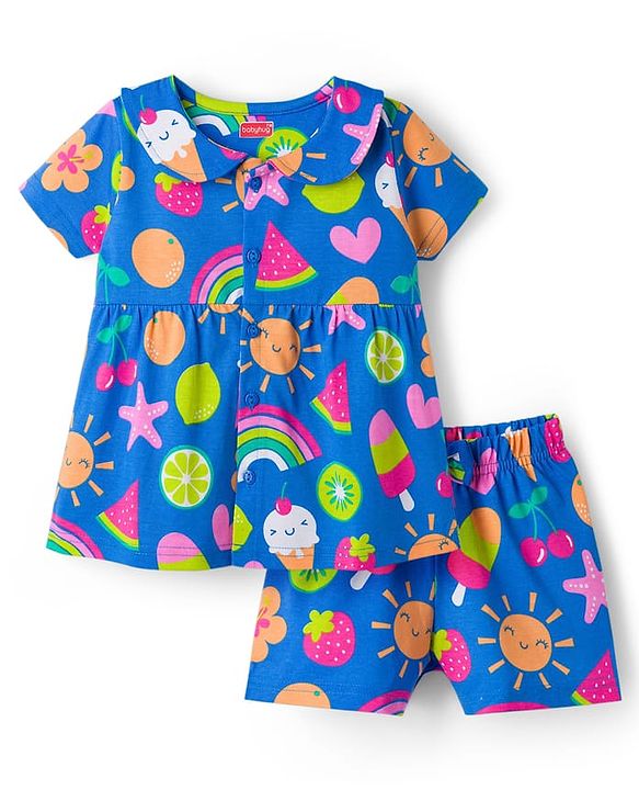 Babyhug Cotton Knit Half Sleeves Co-ords T-Shirt & Shorts Night Suit with Tropical Theme Print - Blue