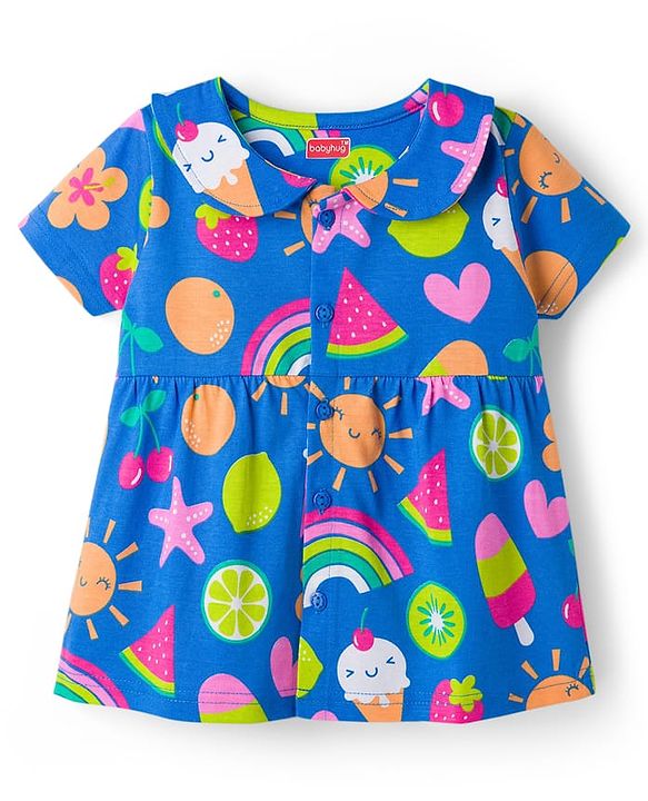 Babyhug Cotton Knit Half Sleeves Co-ords T-Shirt & Shorts Night Suit with Tropical Theme Print - Blue