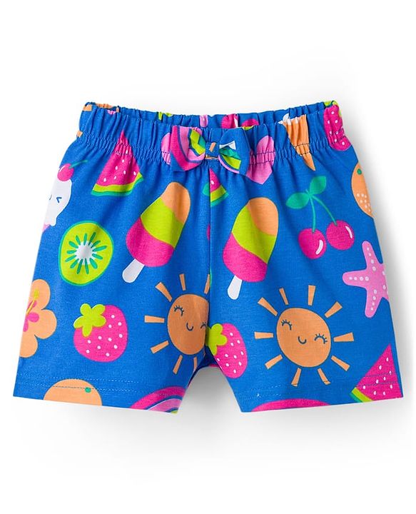 Babyhug Cotton Knit Half Sleeves Co-ords T-Shirt & Shorts Night Suit with Tropical Theme Print - Blue