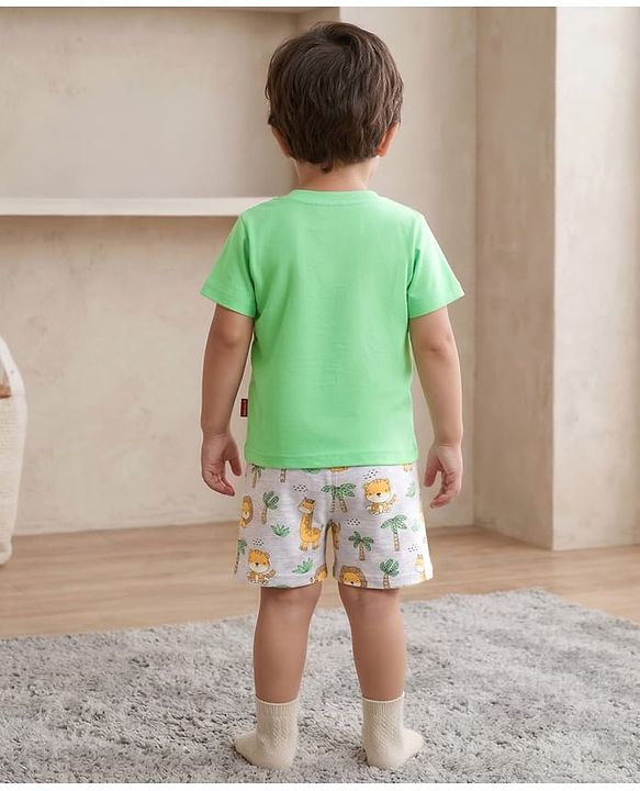 Babyhug Cotton Knit Half Sleeves Animal Printed T-Shirt & Shorts Night Suit - Light Green
