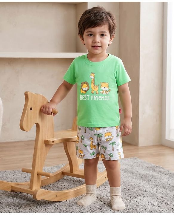 Babyhug Cotton Knit Half Sleeves Animal Printed T-Shirt & Shorts Night Suit - Light Green