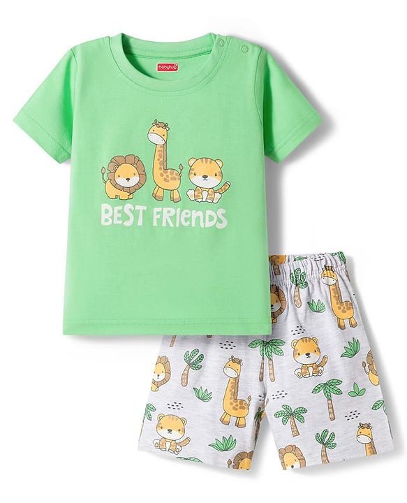 Babyhug Cotton Knit Half Sleeves Animal Printed T-Shirt & Shorts Night Suit - Light Green