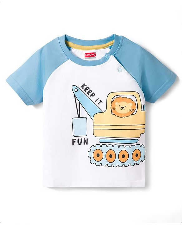 Babyhug Cotton Knit Half Raglan Sleeves T-Shirt & Shorts Night Suit with Crane Print - White