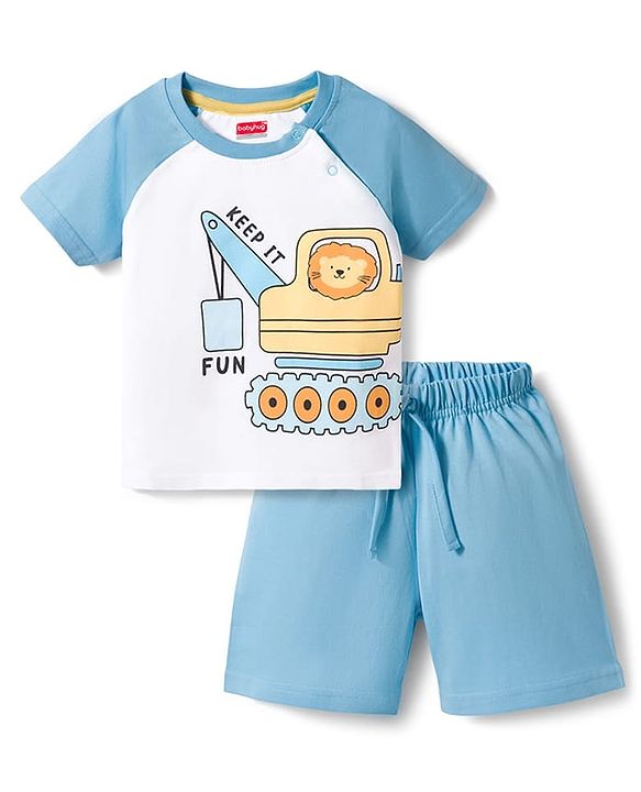 Babyhug Cotton Knit Half Raglan Sleeves T-Shirt & Shorts Night Suit with Crane Print - White