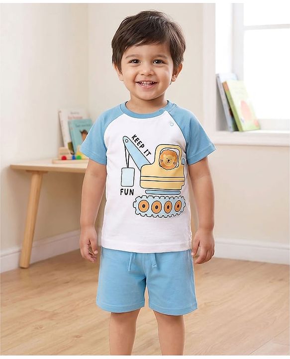 Babyhug Cotton Knit Half Raglan Sleeves T-Shirt & Shorts Night Suit with Crane Print - White