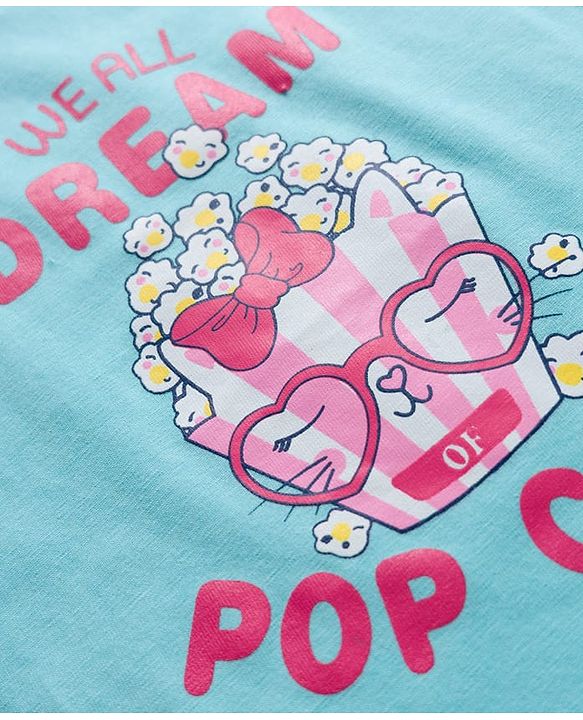 Babyhug Cotton Knit Half Sleeves Popcorn Printed T-Shirt & Shorts Night Suit With Polka Dots Print - Light Blue & Pink