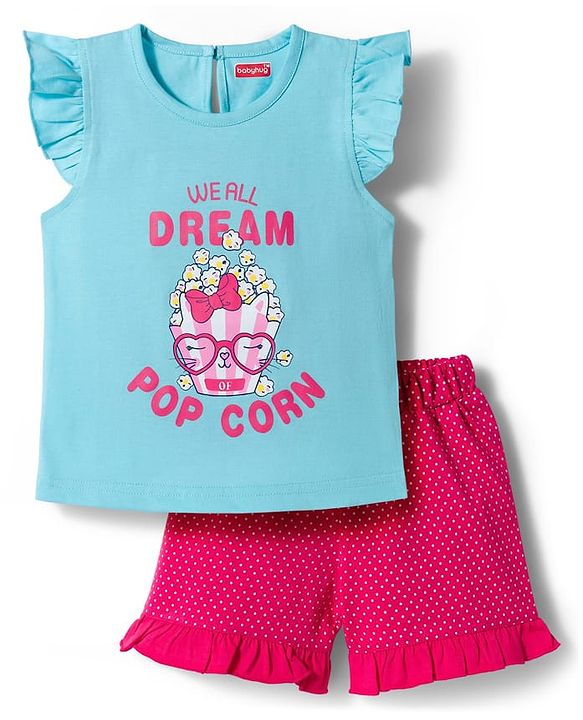 Babyhug Cotton Knit Half Sleeves Popcorn Printed T-Shirt & Shorts Night Suit With Polka Dots Print - Light Blue & Pink