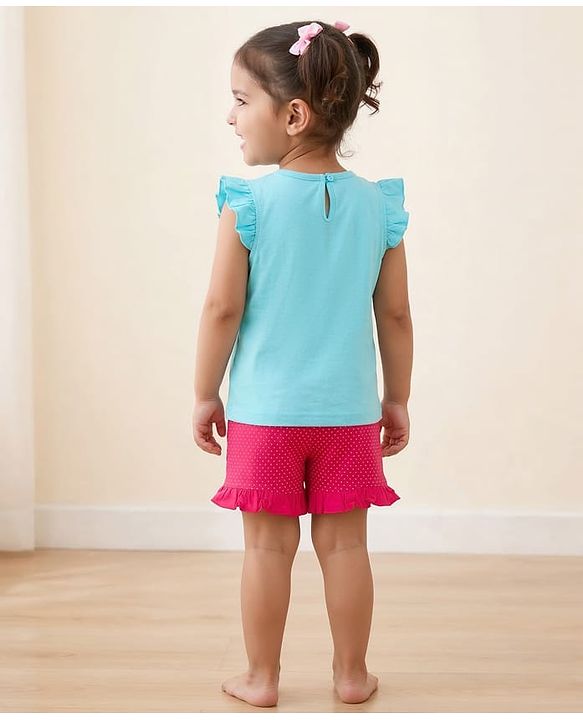 Babyhug Cotton Knit Half Sleeves Popcorn Printed T-Shirt & Shorts Night Suit With Polka Dots Print - Light Blue & Pink