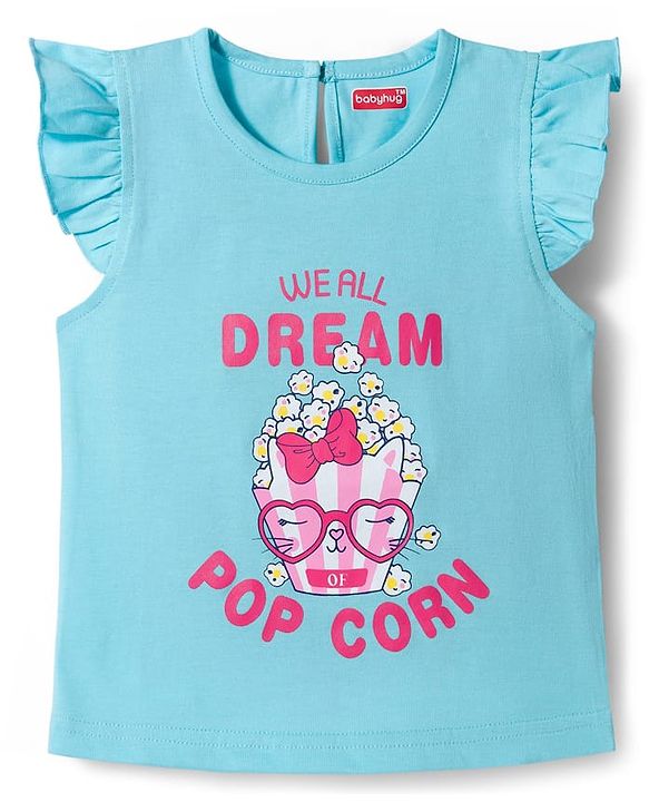 Babyhug Cotton Knit Half Sleeves Popcorn Printed T-Shirt & Shorts Night Suit With Polka Dots Print - Light Blue & Pink