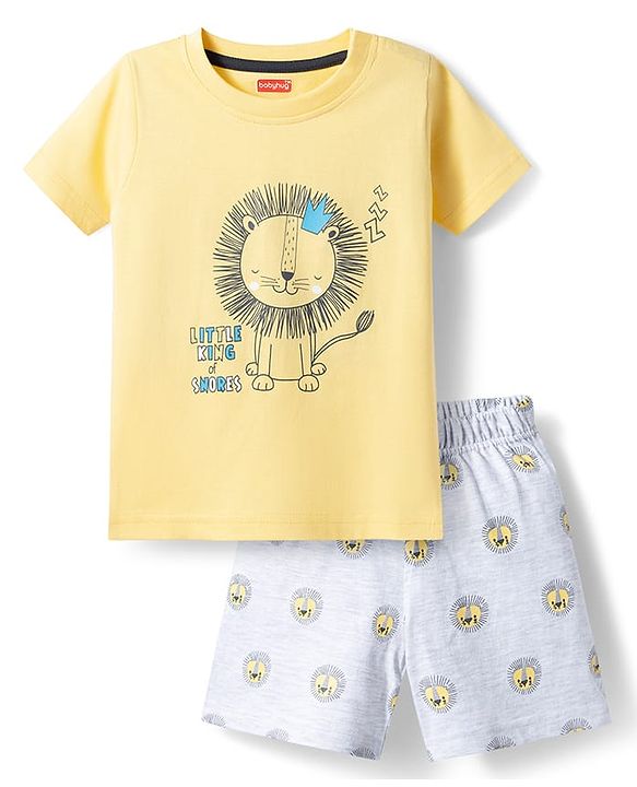 Babyhug Cotton Knit Half Sleeves T-Shirt & Shorts Night Suit with Lion Print - Yellow