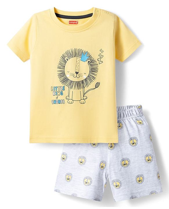 Babyhug Cotton Knit Half Sleeves T-Shirt & Shorts Night Suit with Lion Print - Yellow