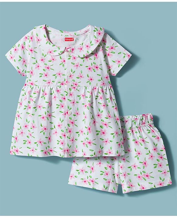 Babyhug Cotton Knit Half Sleeves Front Open Co-ords Top & Shorts Night Suit with Floral Print - White