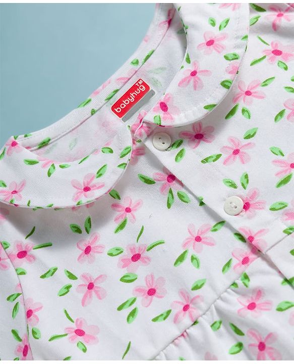Babyhug Cotton Knit Half Sleeves Front Open Co-ords Top & Shorts Night Suit with Floral Print - White