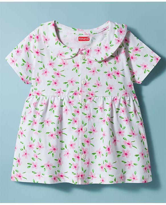 Babyhug Cotton Knit Half Sleeves Front Open Co-ords Top & Shorts Night Suit with Floral Print - White