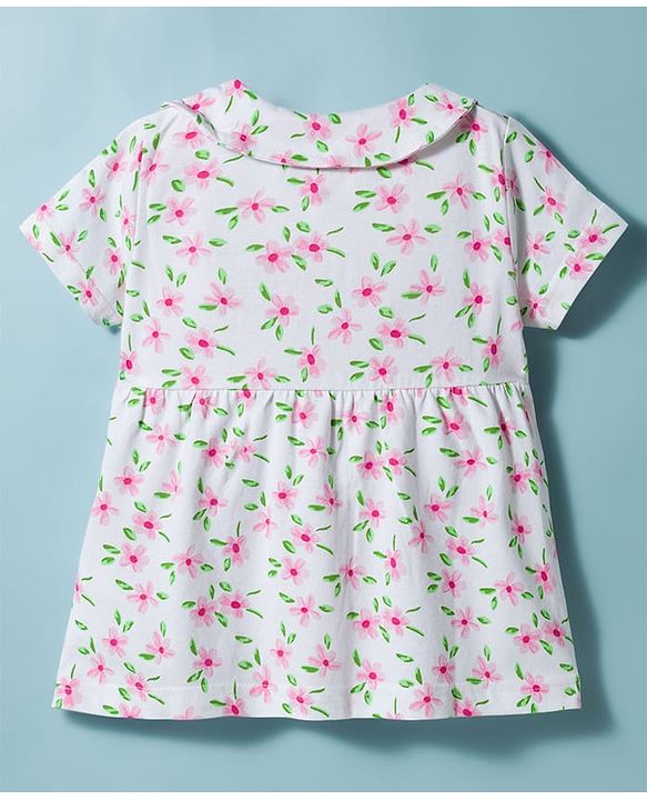 Babyhug Cotton Knit Half Sleeves Front Open Co-ords Top & Shorts Night Suit with Floral Print - White