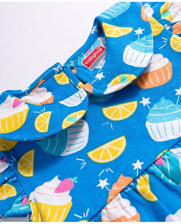 Babyhug Cotton Knit Frill Sleeves Co-ords Top & Shorts Night Suit with Tropical Theme Print - Blue