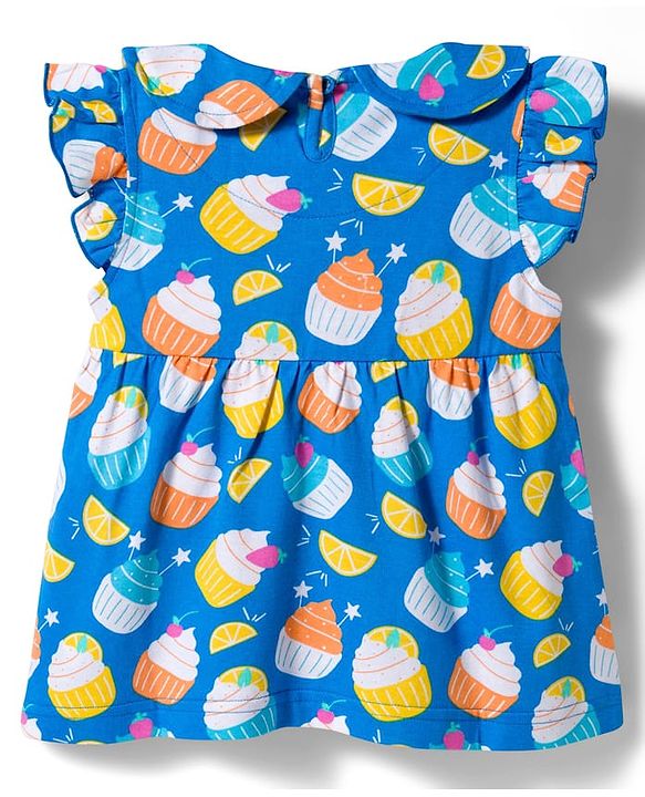 Babyhug Cotton Knit Frill Sleeves Co-ords Top & Shorts Night Suit with Tropical Theme Print - Blue