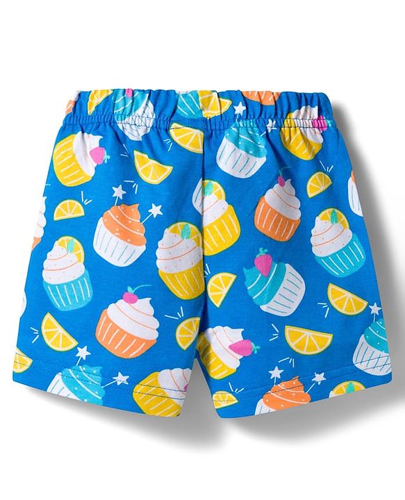 Babyhug Cotton Knit Frill Sleeves Co-ords Top & Shorts Night Suit with Tropical Theme Print - Blue