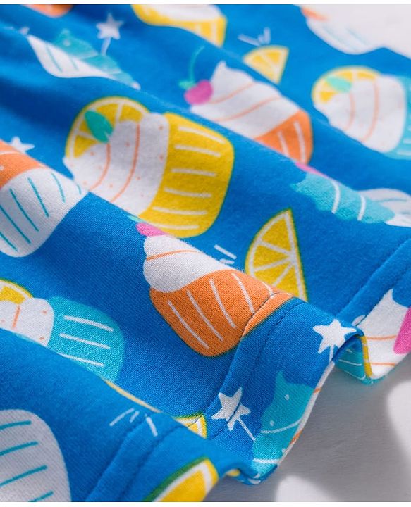 Babyhug Cotton Knit Frill Sleeves Co-ords Top & Shorts Night Suit with Tropical Theme Print - Blue