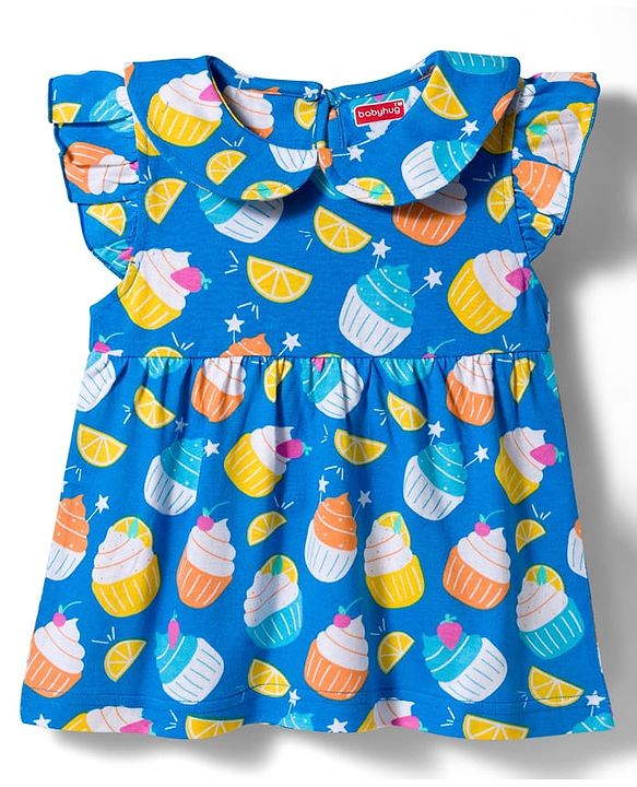 Babyhug Cotton Knit Frill Sleeves Co-ords Top & Shorts Night Suit with Tropical Theme Print - Blue