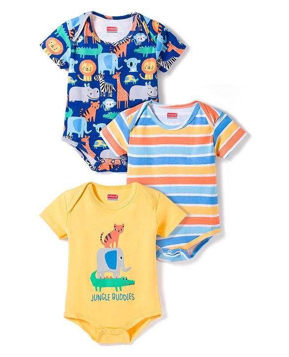 Babyhug 100% Cotton Knit Half Sleeves Onesies with Animal Print & Stripes Pack of 3 - Multicolor