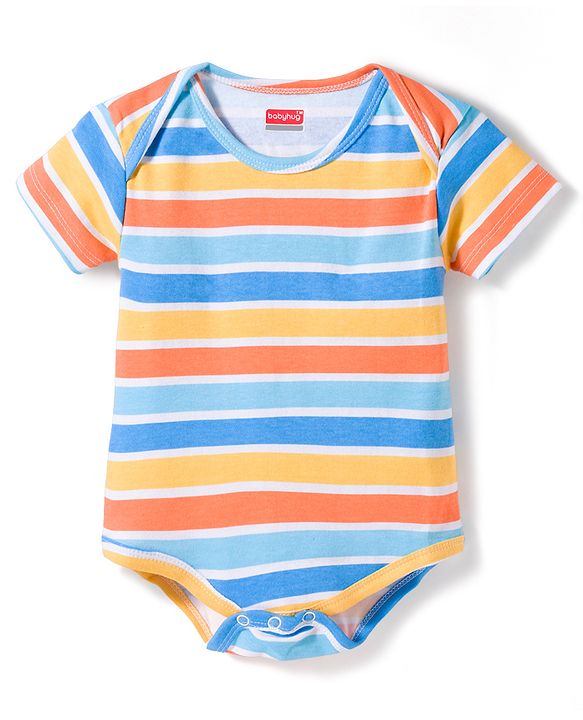 Babyhug 100% Cotton Knit Half Sleeves Onesies with Animal Print & Stripes Pack of 3 - Multicolor