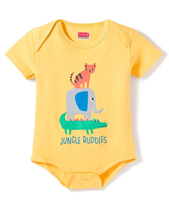 Babyhug 100% Cotton Knit Half Sleeves Onesies with Animal Print & Stripes Pack of 3 - Multicolor