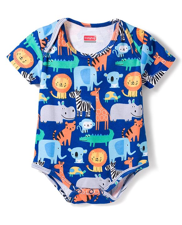 Babyhug 100% Cotton Knit Half Sleeves Onesies with Animal Print & Stripes Pack of 3 - Multicolor