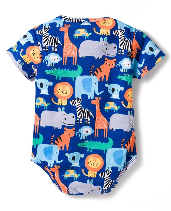 Babyhug 100% Cotton Knit Half Sleeves Onesies with Animal Print & Stripes Pack of 3 - Multicolor