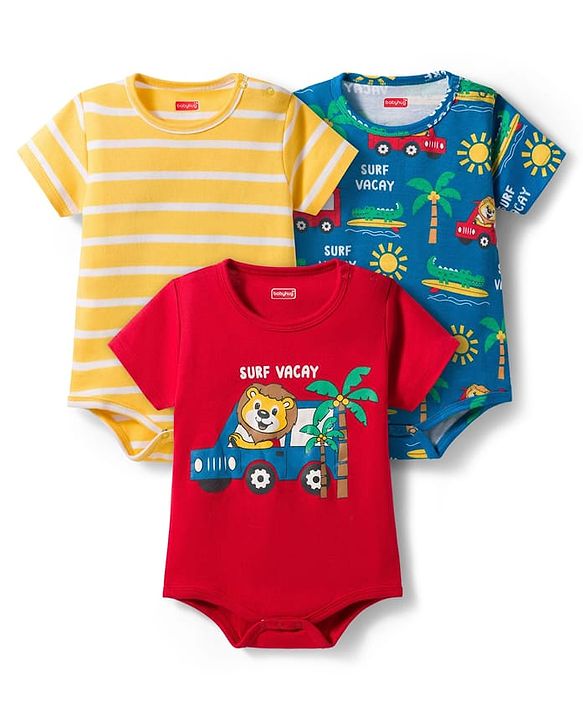 Babyhug 100% Cotton Knit Half Sleeves Onesies with Safari Theme Print Pack of 3 - Multicolor