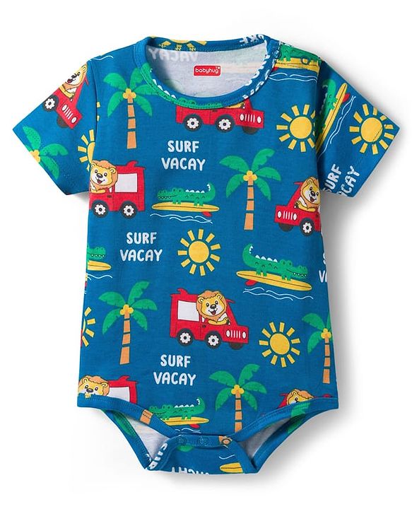 Babyhug 100% Cotton Knit Half Sleeves Onesies with Safari Theme Print Pack of 3 - Multicolor