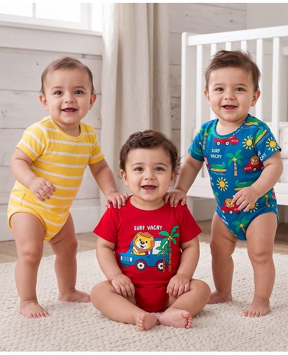 Babyhug 100% Cotton Knit Half Sleeves Onesies with Safari Theme Print Pack of 3 - Multicolor