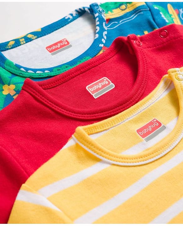 Babyhug 100% Cotton Knit Half Sleeves Onesies with Safari Theme Print Pack of 3 - Multicolor