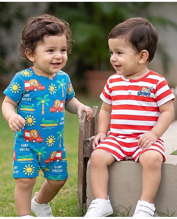 Babyhug 100% Cotton Knit Half Sleeves Striped Rompers with Beach Theme Print Pack of 2 - Multicolor