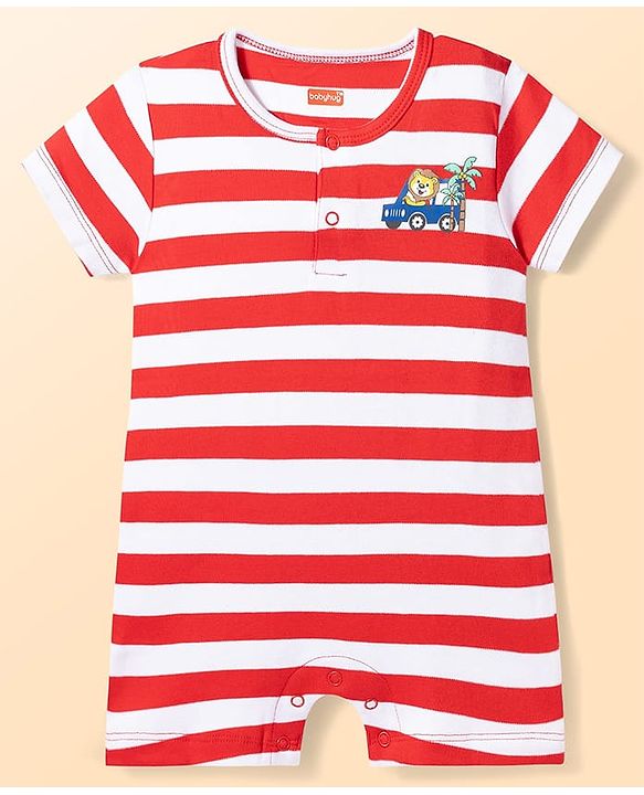 Babyhug 100% Cotton Knit Half Sleeves Striped Rompers with Beach Theme Print Pack of 2 - Multicolor