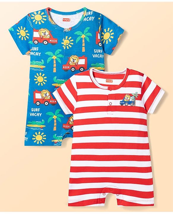 Babyhug 100% Cotton Knit Half Sleeves Striped Rompers with Beach Theme Print Pack of 2 - Multicolor