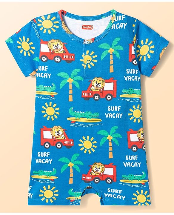 Babyhug 100% Cotton Knit Half Sleeves Striped Rompers with Beach Theme Print Pack of 2 - Multicolor