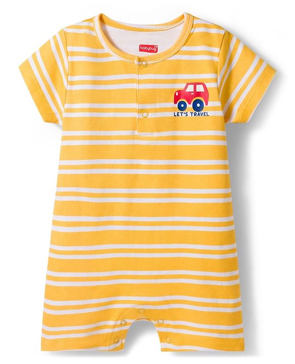 Babyhug 100% Cotton Knit Half Sleeves Striped Rompers with Car Print Pack of 2 - Multicolor