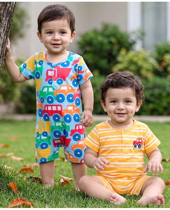 Babyhug 100% Cotton Knit Half Sleeves Striped Rompers with Car Print Pack of 2 - Multicolor