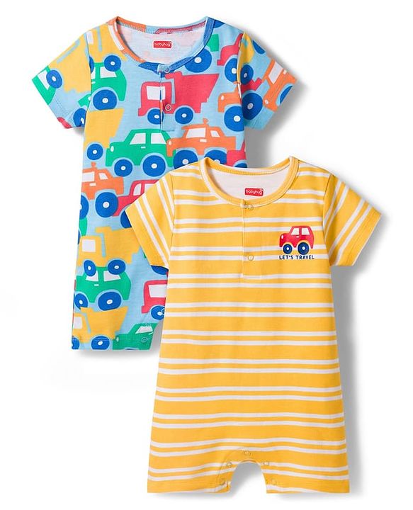 Babyhug 100% Cotton Knit Half Sleeves Striped Rompers with Car Print Pack of 2 - Multicolor