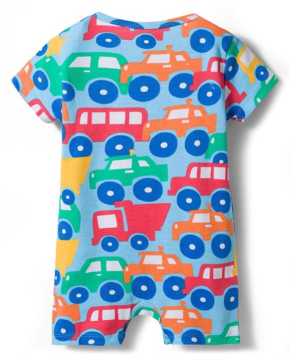 Babyhug 100% Cotton Knit Half Sleeves Striped Rompers with Car Print Pack of 2 - Multicolor