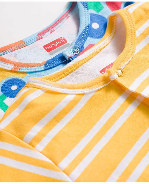 Babyhug 100% Cotton Knit Half Sleeves Striped Rompers with Car Print Pack of 2 - Multicolor