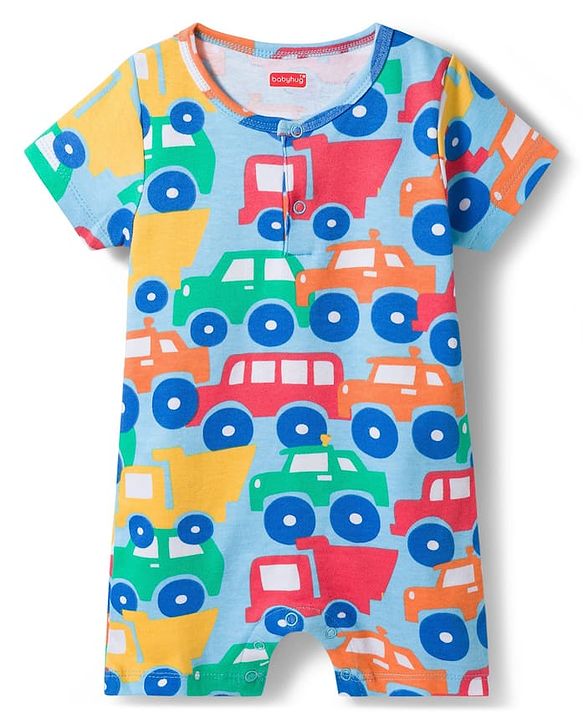 Babyhug 100% Cotton Knit Half Sleeves Striped Rompers with Car Print Pack of 2 - Multicolor